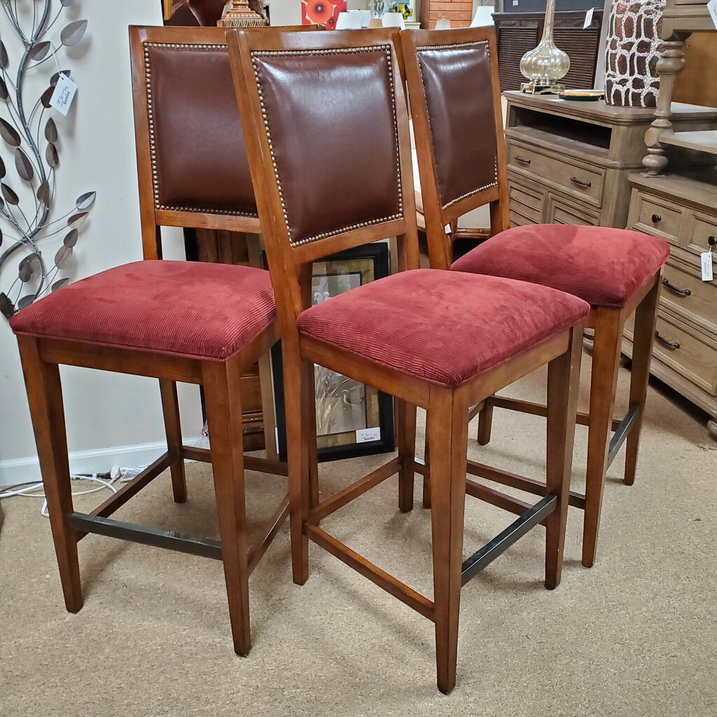 Set/3 Leather + Wood Barstools
