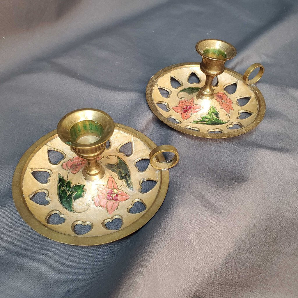 Pair Painted Brass Candleholders