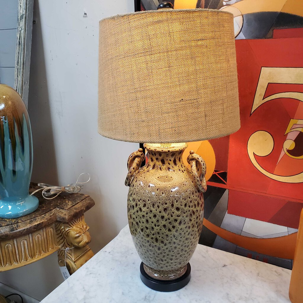 Spotted Ceramic Lamp with Burlap Shade