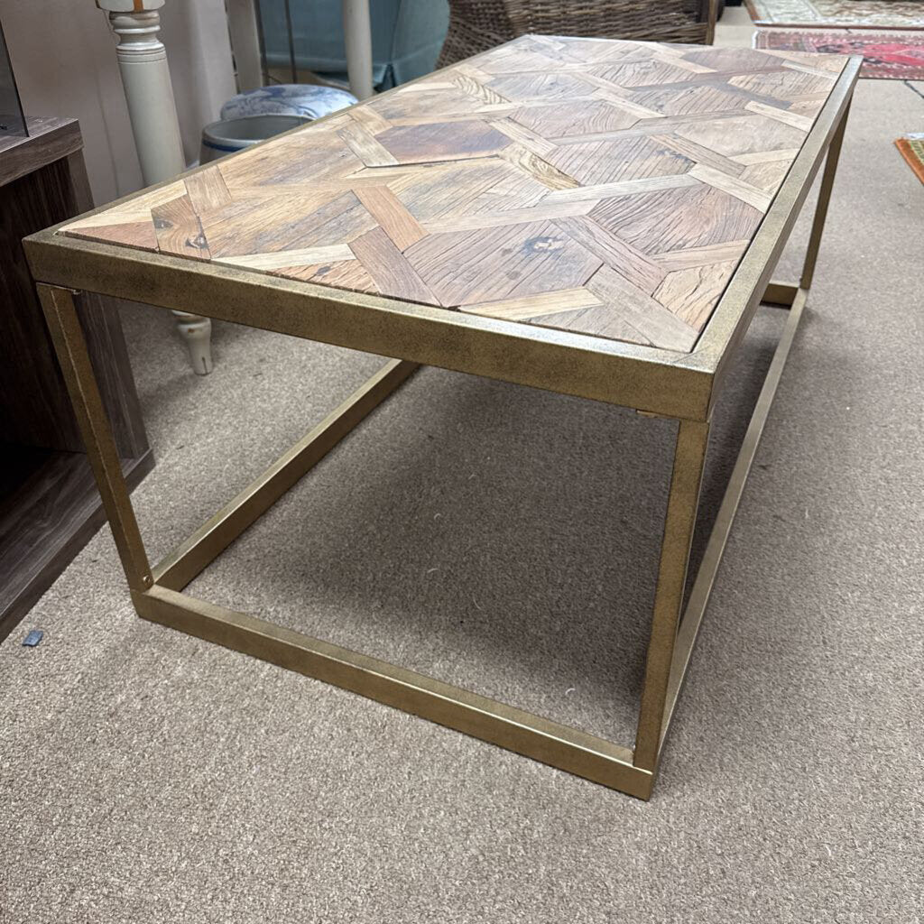 Herringbone wood top metal base coffee table