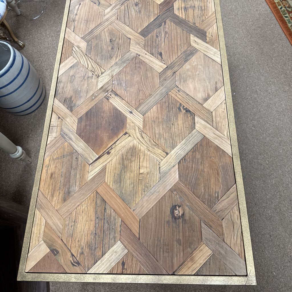 Herringbone wood top metal base coffee table