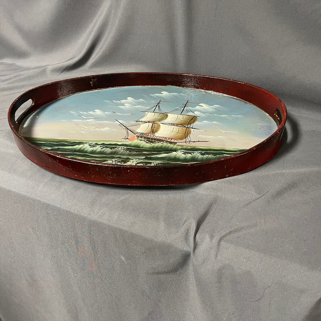 Vintage Ship Folk Art Painted Serving Tray