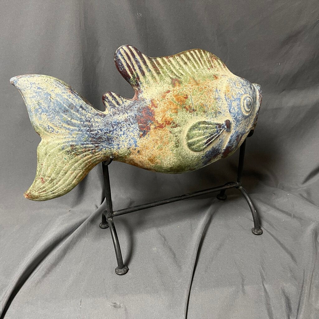 Painted Pottery Fish on Iron Stand