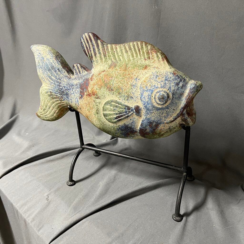 Painted Pottery Fish on Iron Stand