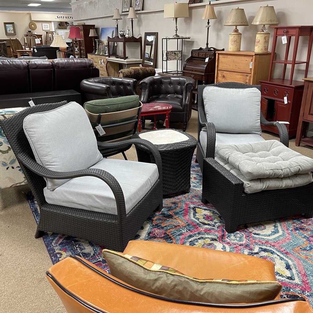 Pair Wicker Chairs + Ottoman