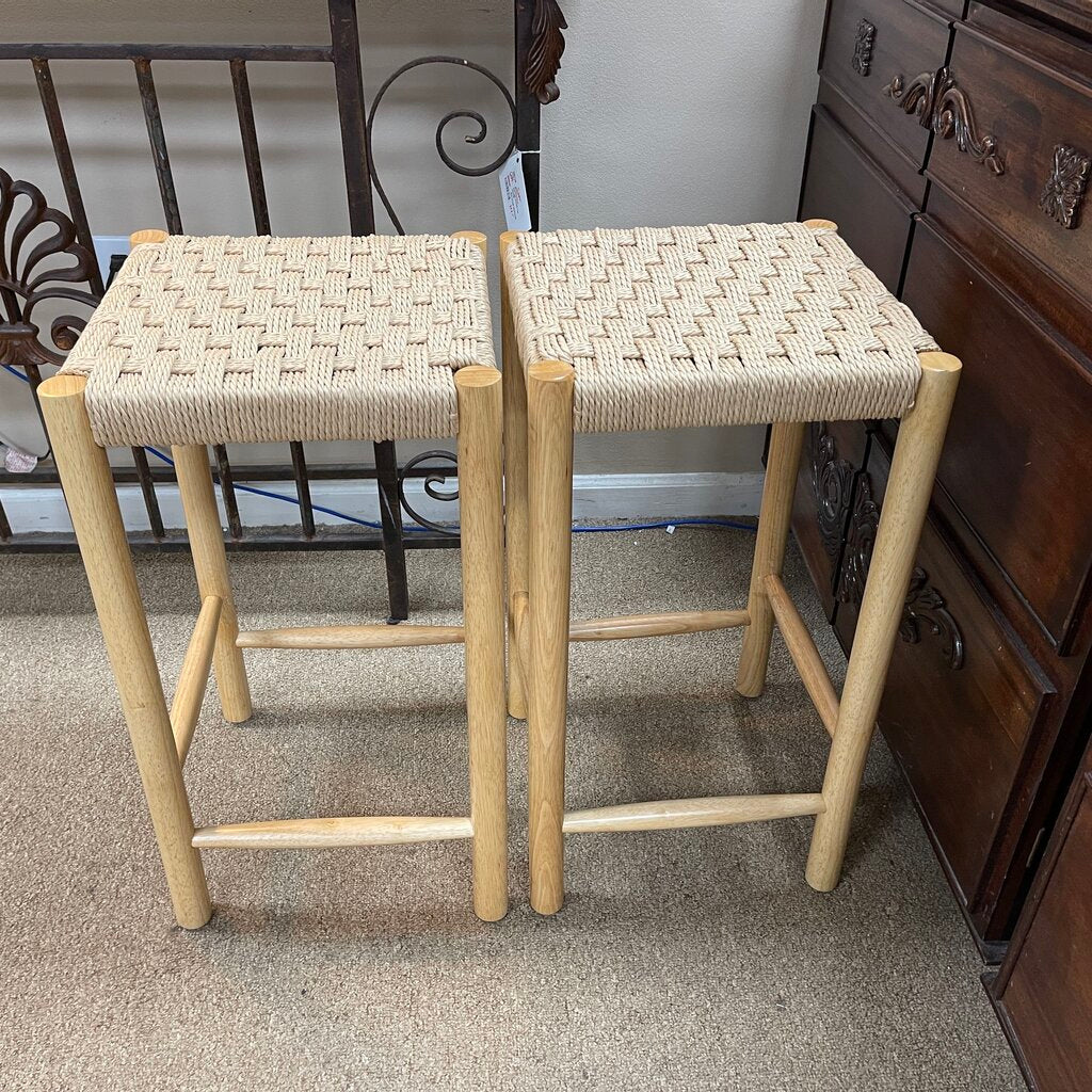 Pair Woven Rope Seat Counter Stool