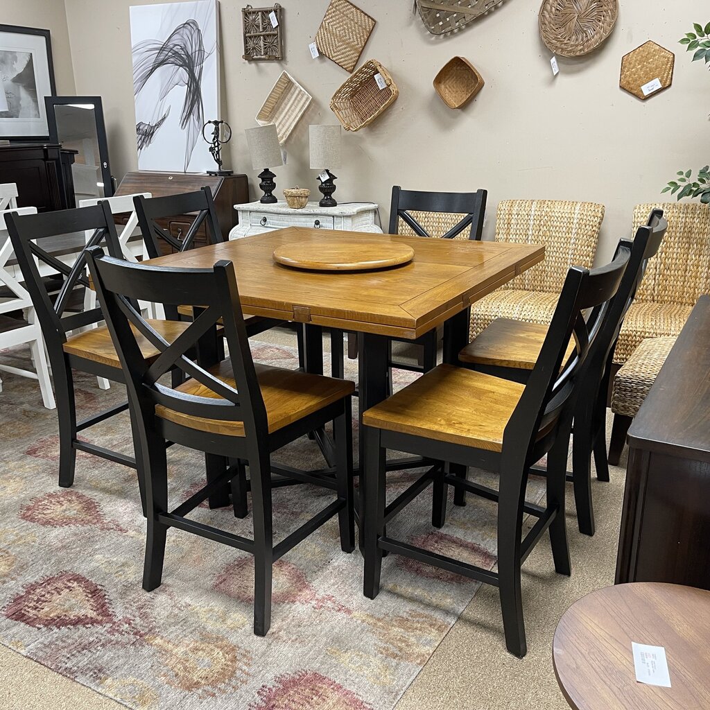 Drop Leaf Pub Table + 6 Chairs + Lazy Susan
