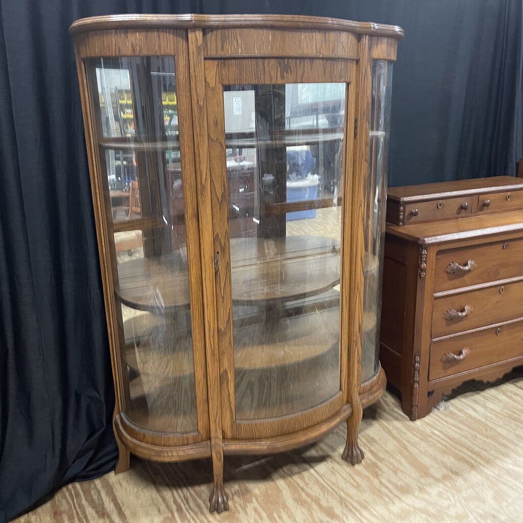 Vintage Oak Curved Glass Curio Cabinet