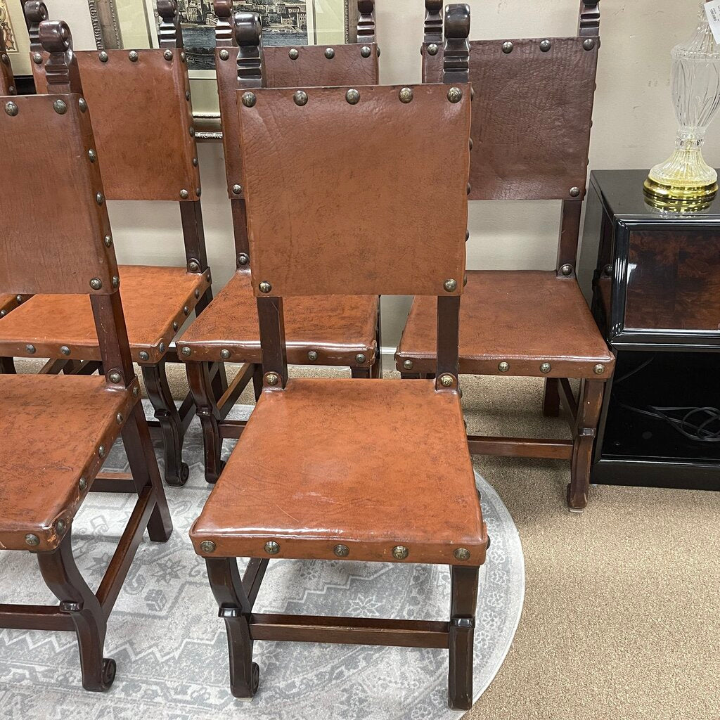 Set/6 Peruvian Handmade Wood + Leather Dining Chairs