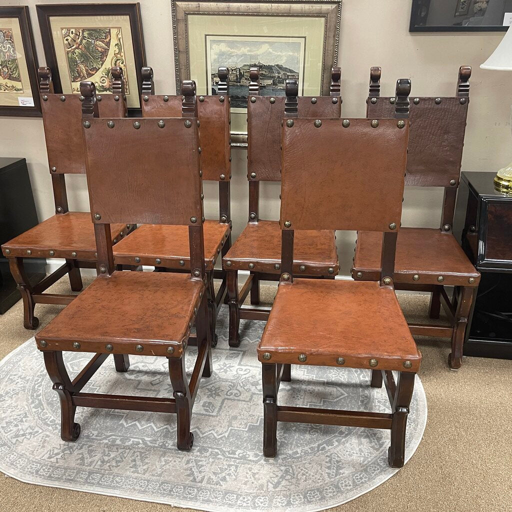 Set/6 Peruvian Handmade Wood + Leather Dining Chairs