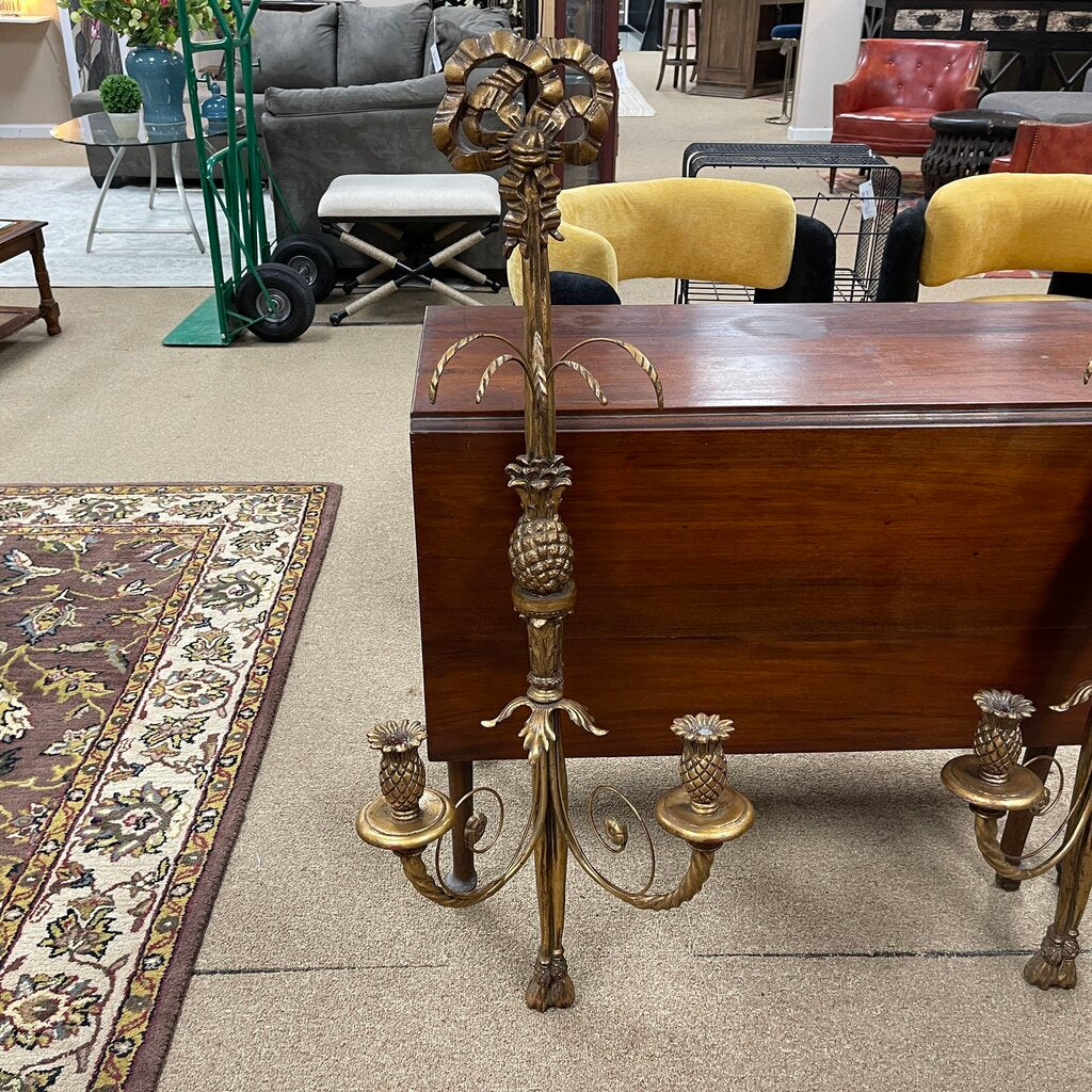 Pair Pineapple Motif Wood+Metal Wall Candelabra