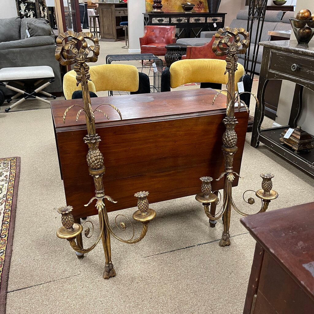 Pair Pineapple Motif Wood+Metal Wall Candelabra