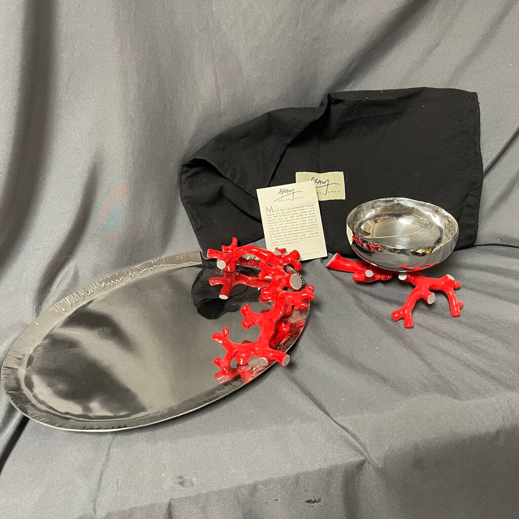 Pair Red Coral Silver Serving Pieces