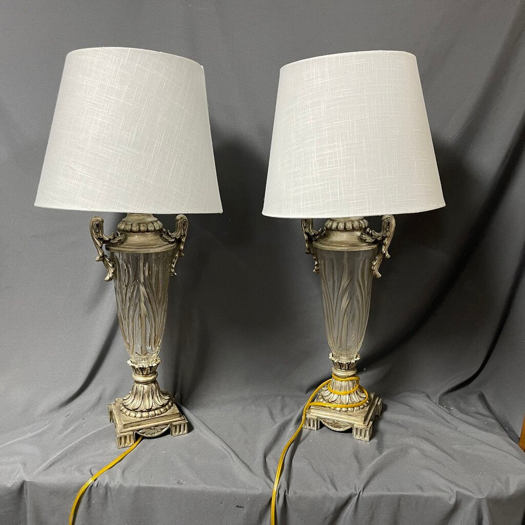 Pair Glass + Silver Lamps (no finials)