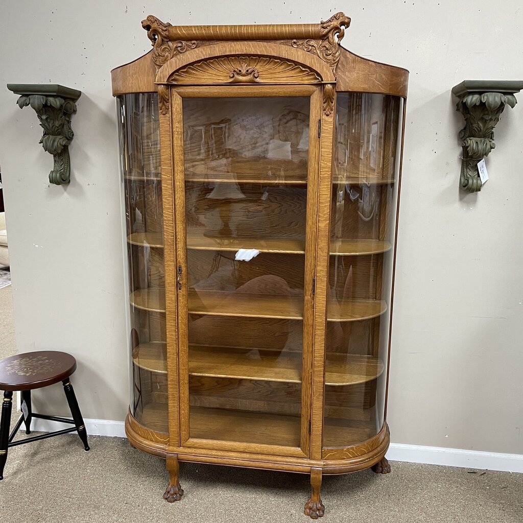 Vintage Oak Curved Glass Curio Cabinet
