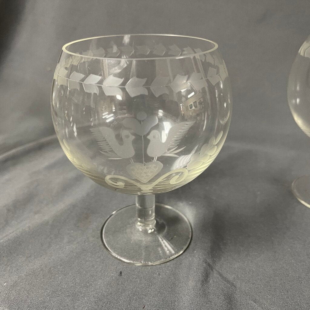 Set/4 Lovebird Etched Crystal Water Goblets