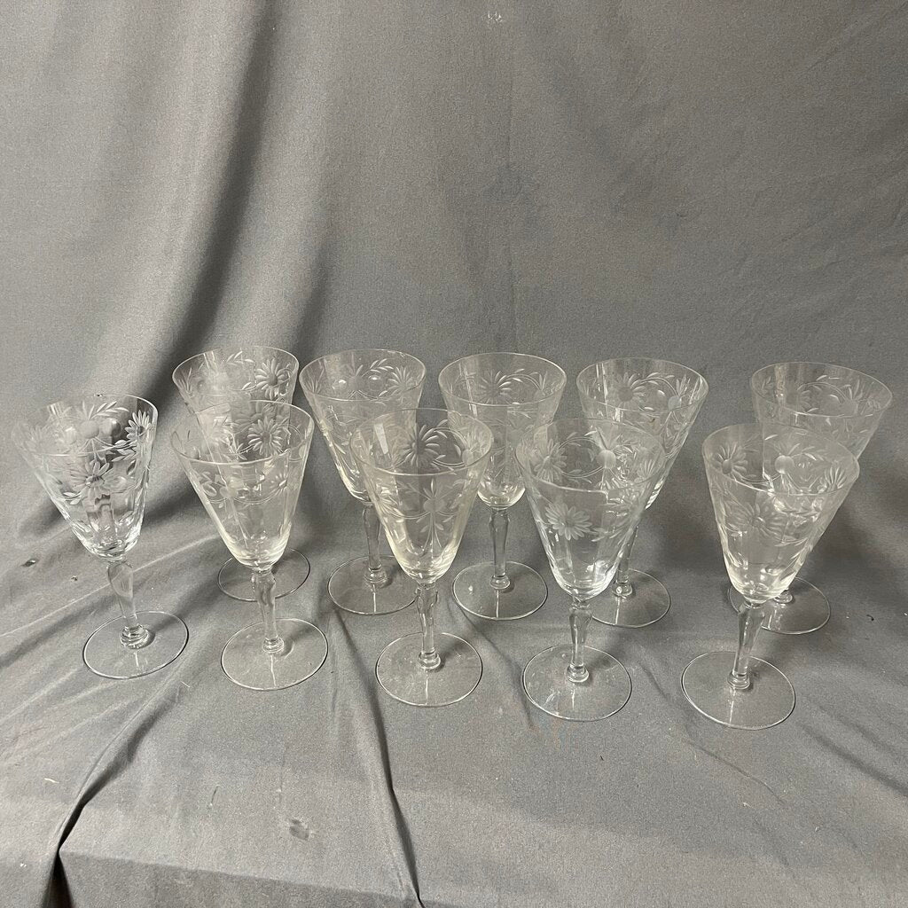 Set/10 Floral & Leaf Etched Crystal Water Goblets