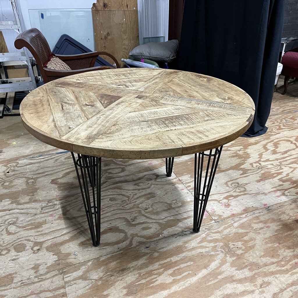Round Rustic Wood Dining Table w/Metal Legs