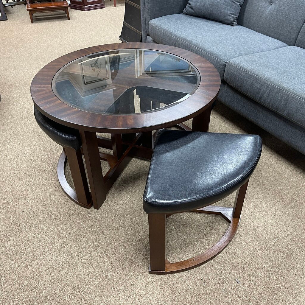 *NEW* Round Glass Top Coffee Table w/4 Stools
