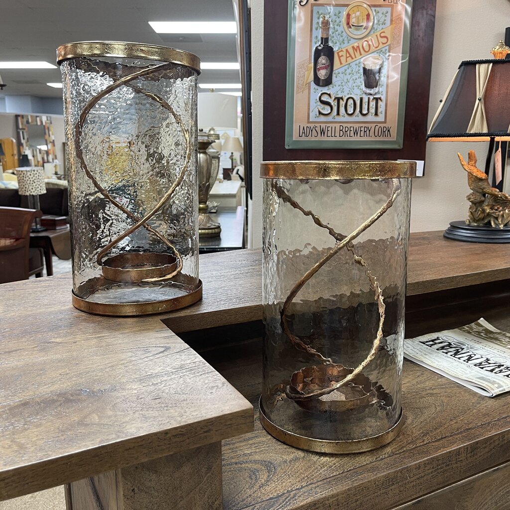 Pair Metal + Glass Candleholders