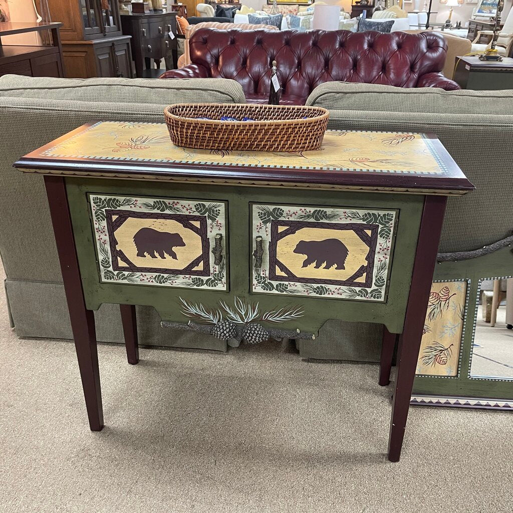 Hand Painted Cabin Style Console Cabinet + Mirror