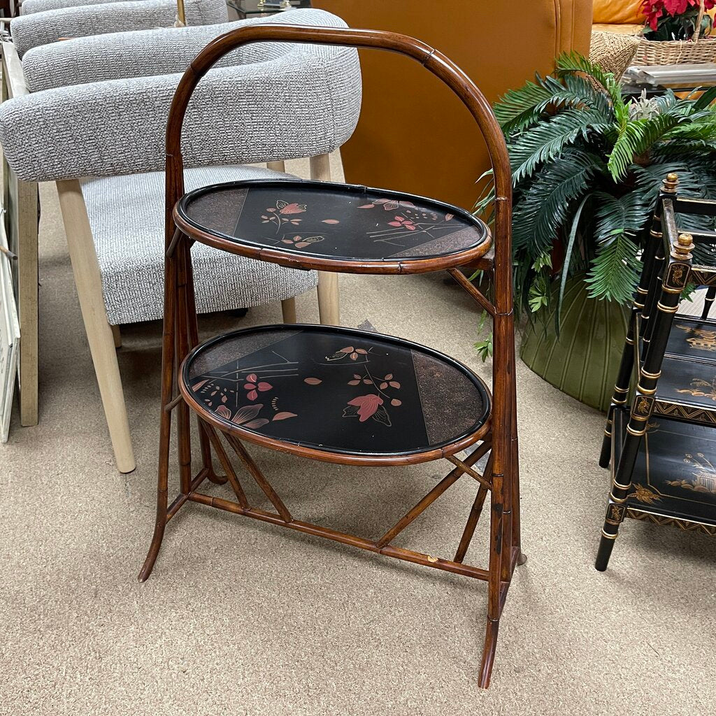 Vintage Asian Hand-Painted Bamboo Chairside Dessert Stand
