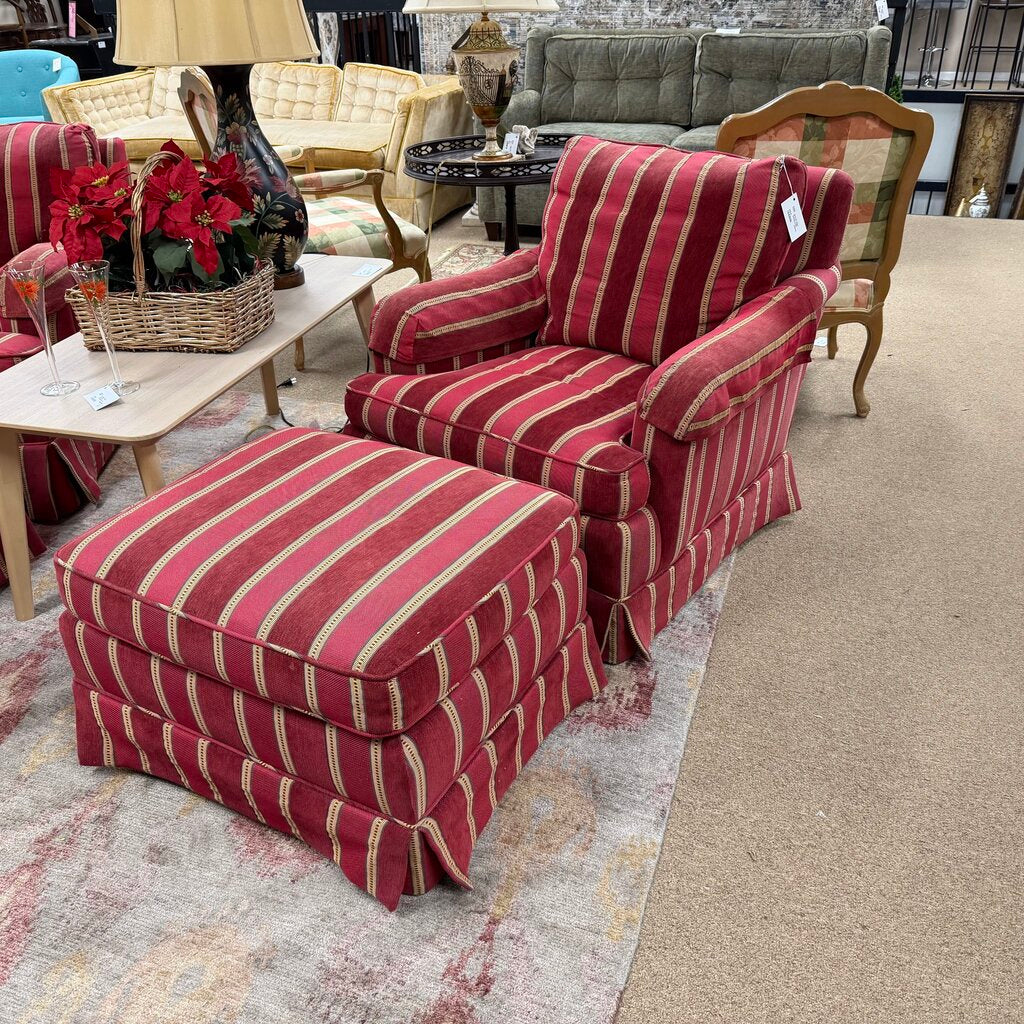 Pair Striped Mr. & Mrs. Chairs w/Ottomans
