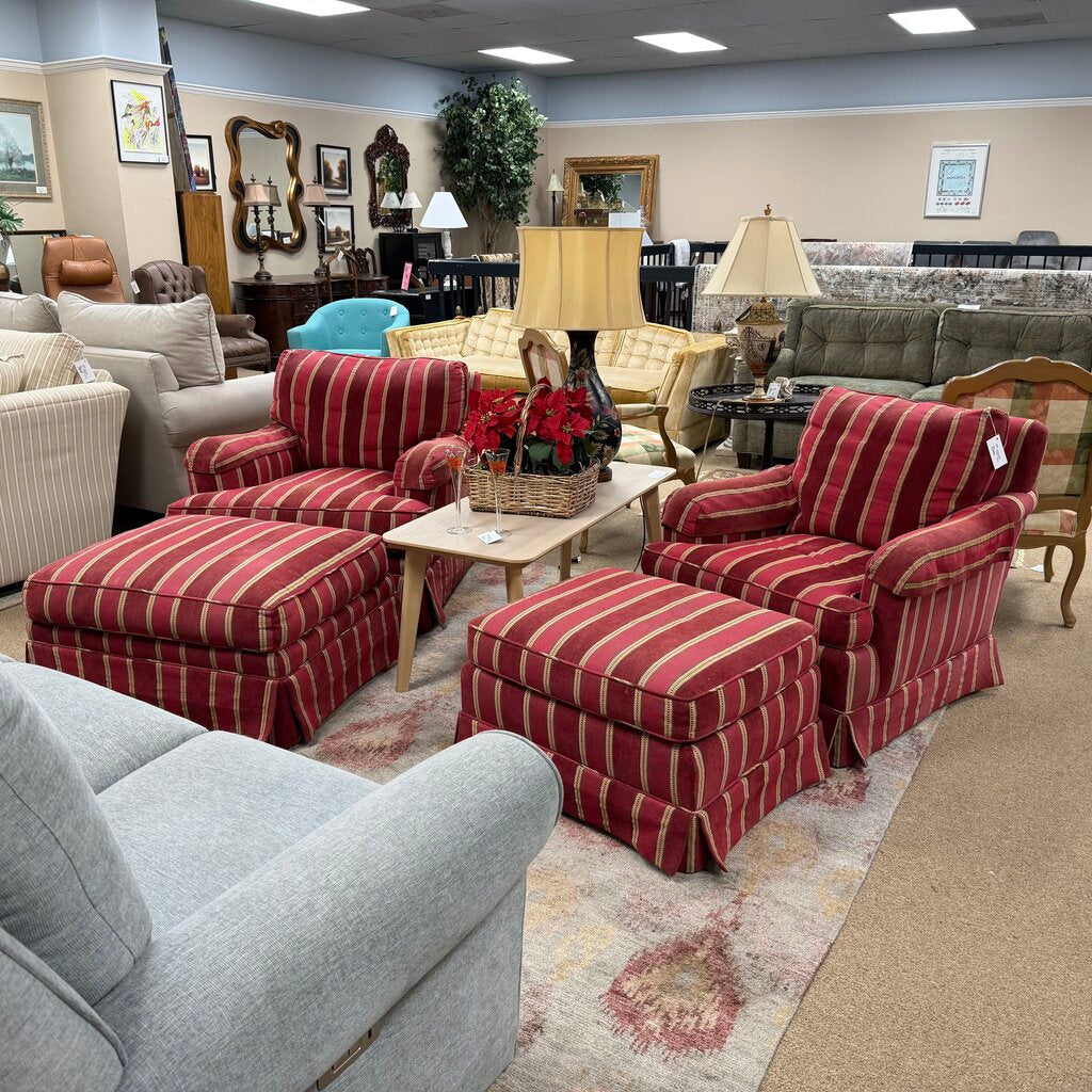 Pair Striped Mr. & Mrs. Chairs w/Ottomans