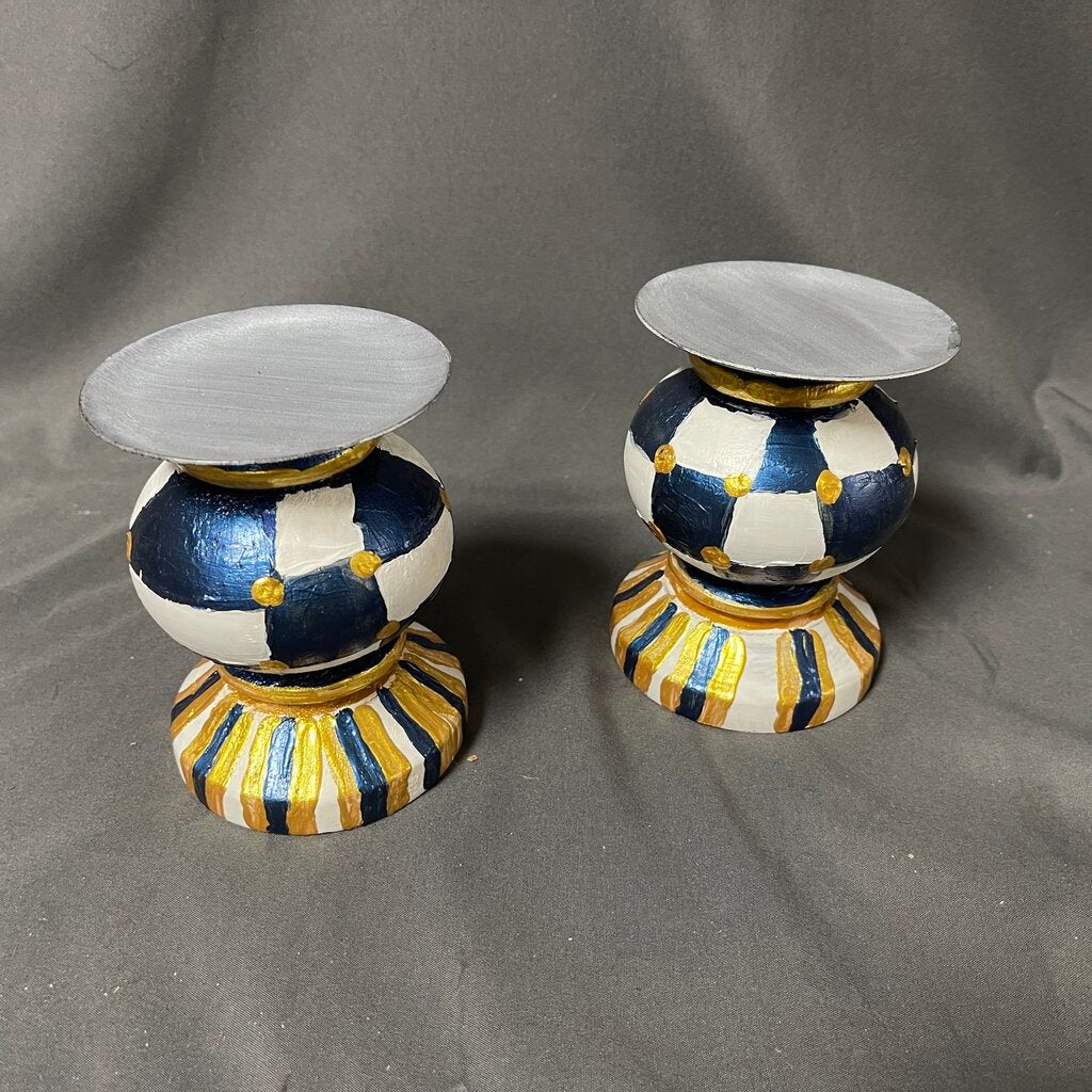 Pair Blue+White Checkered Candleholders