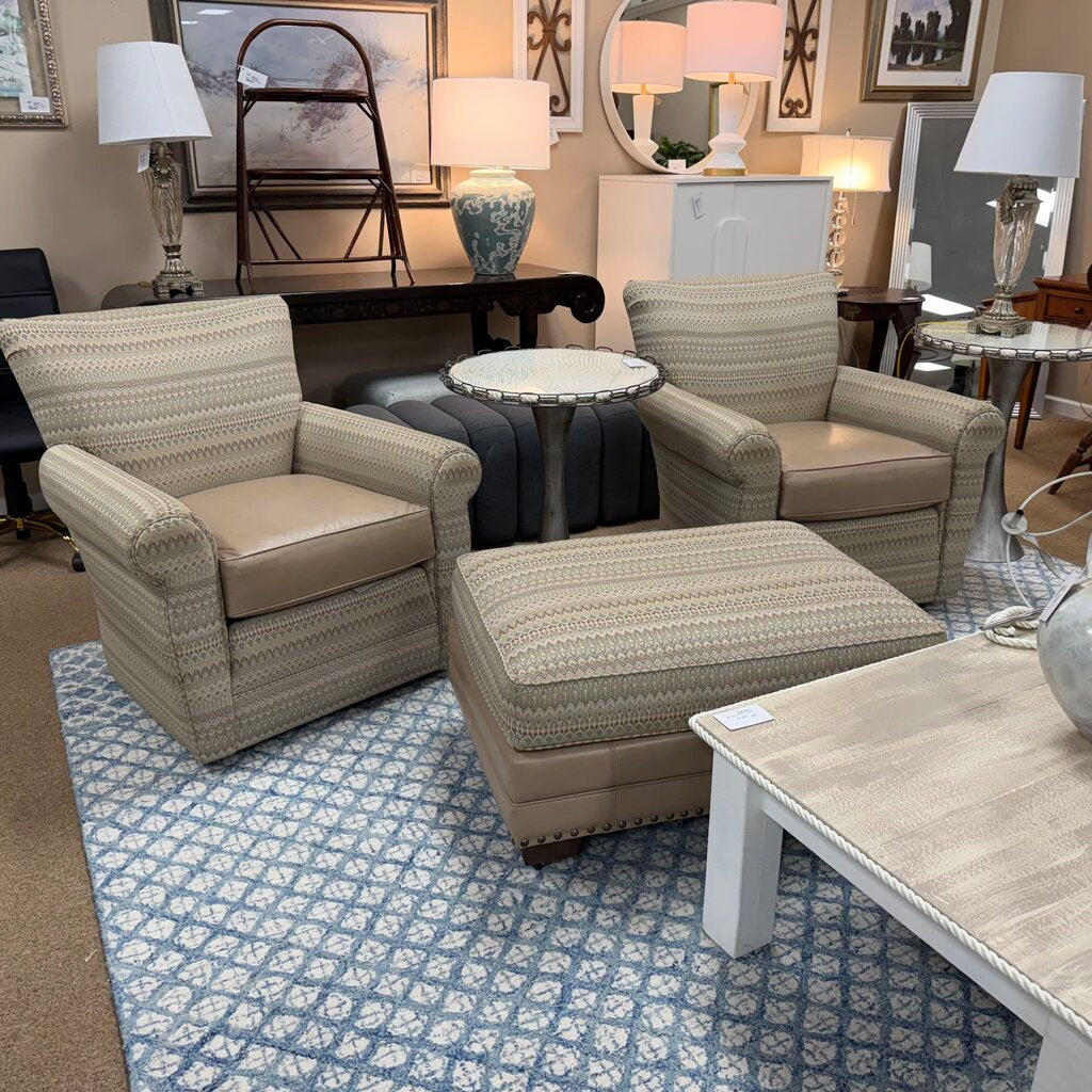 Pair Leather+Upholstered Swivel Chairs