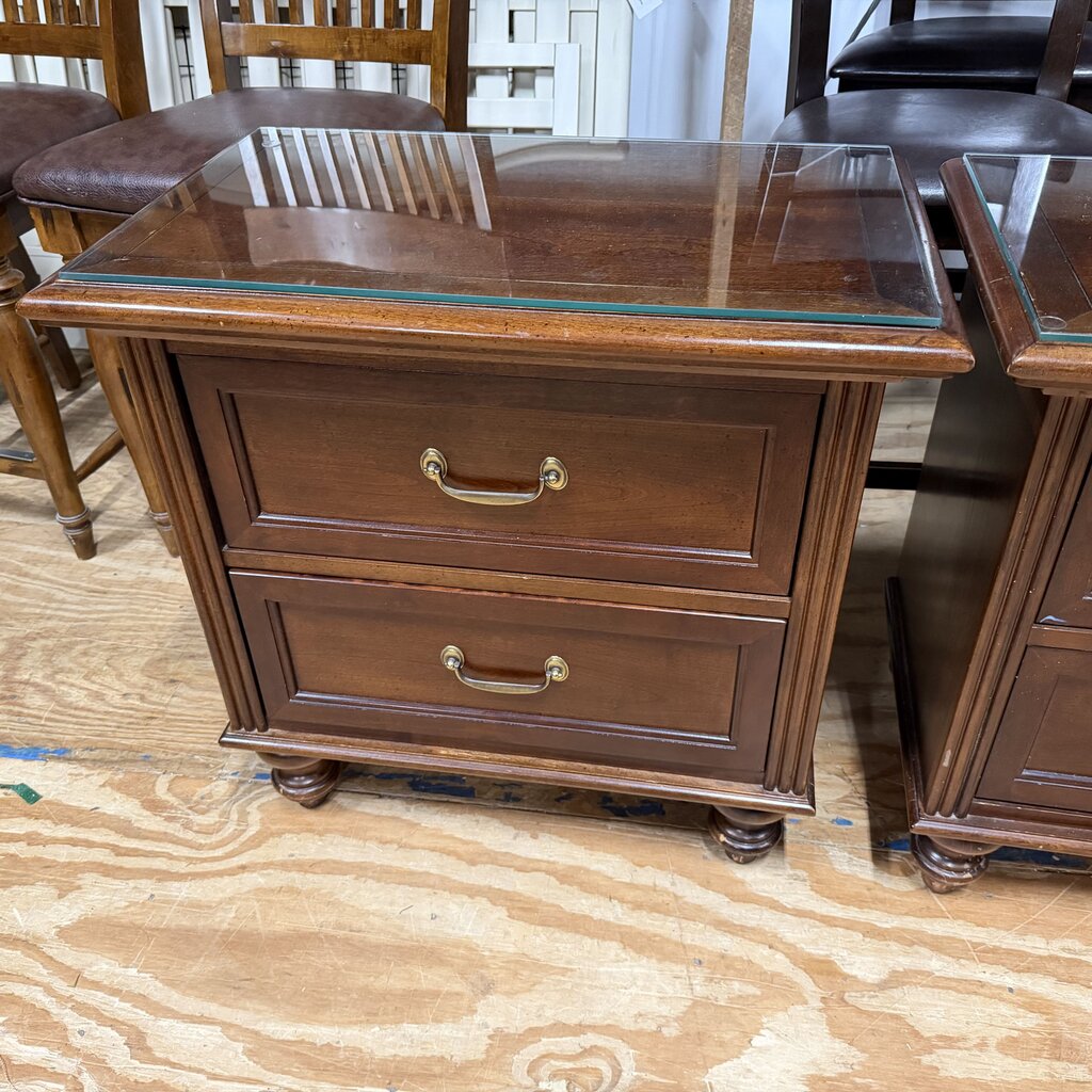 Pair Wood Nightstands w/Glass Top