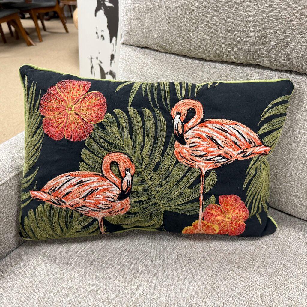 Embroidered Flamingo Pillow