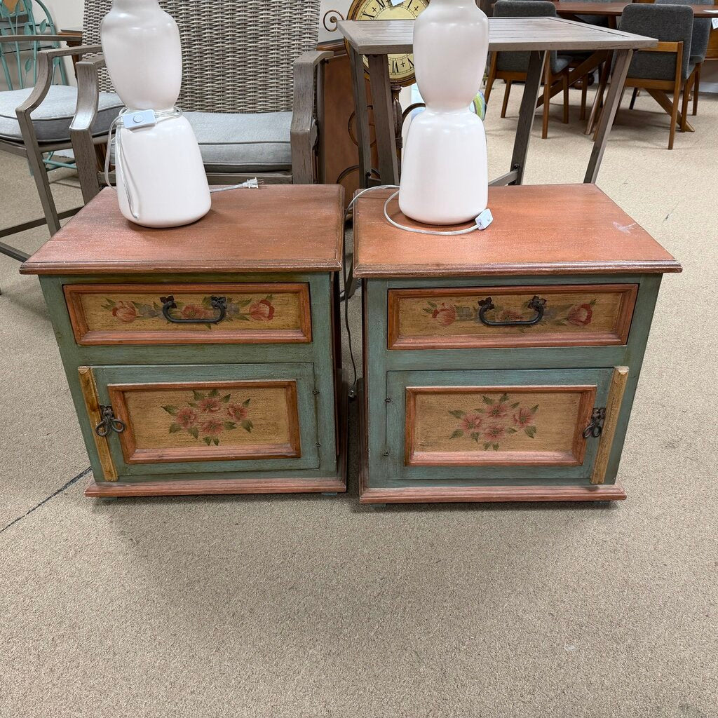 Pair Vintage Wood Handpainted Floral Nightstands