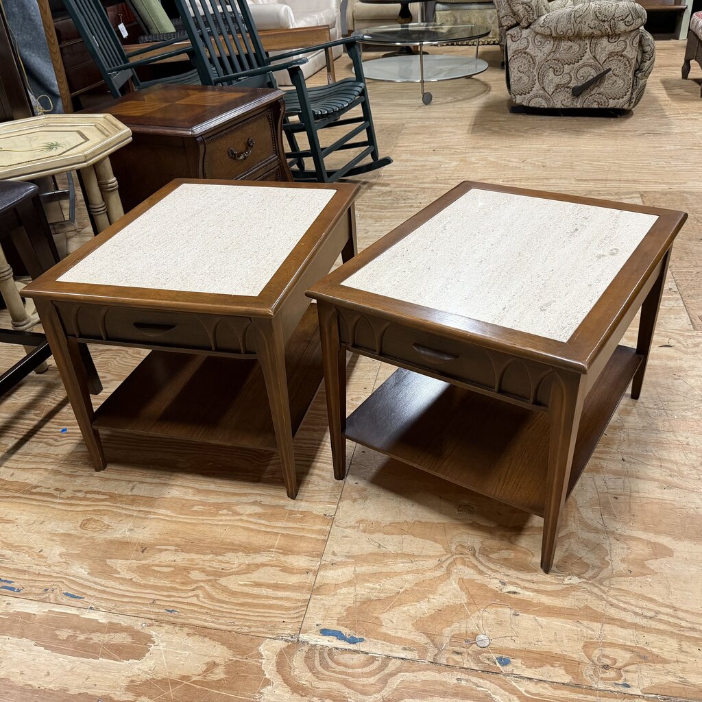 Pair Mid Century Modern Side Tables w/Granite Top