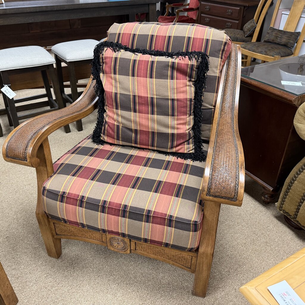 Pair Wood + Rattan Accent Arm Chairs