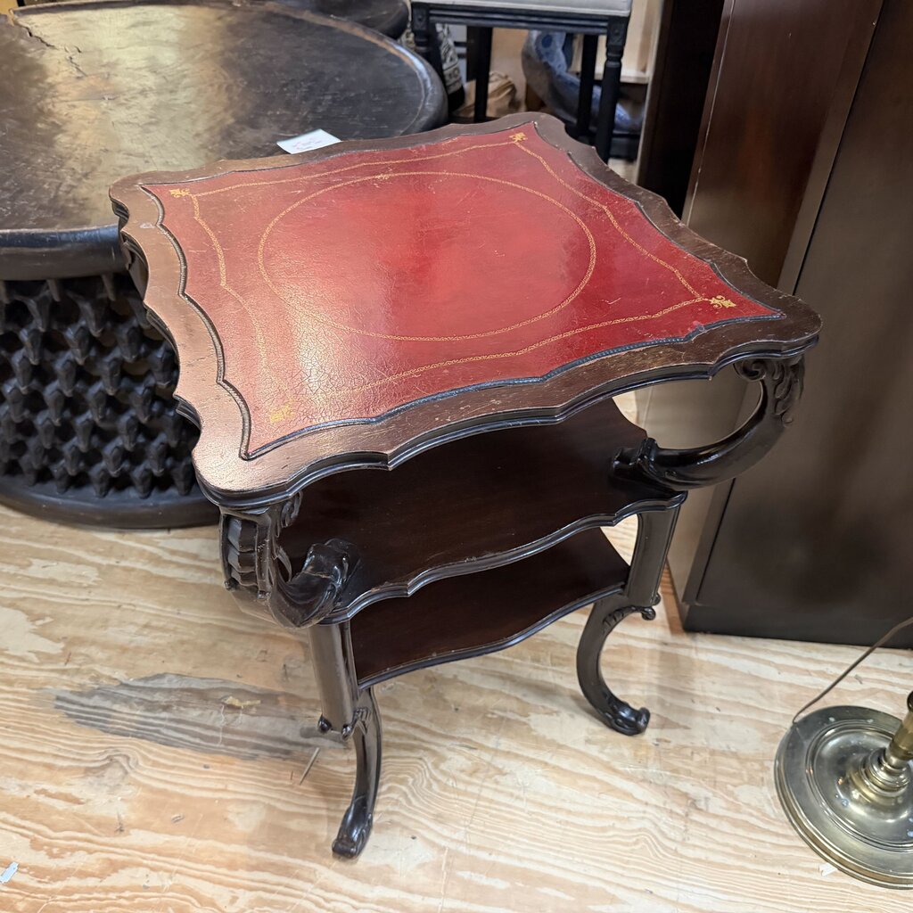 Vintage Side Table w/Red Leather Inlay