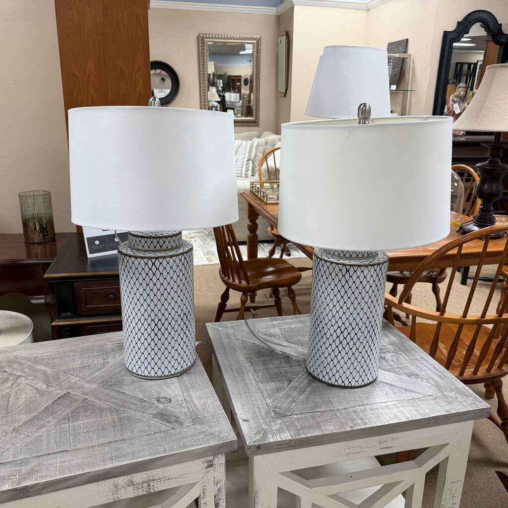Pair Ceramic Basketweave Print Lamps