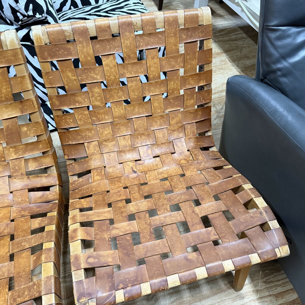 Pair Jens Risom Style Woven Leather Lounge Chairs