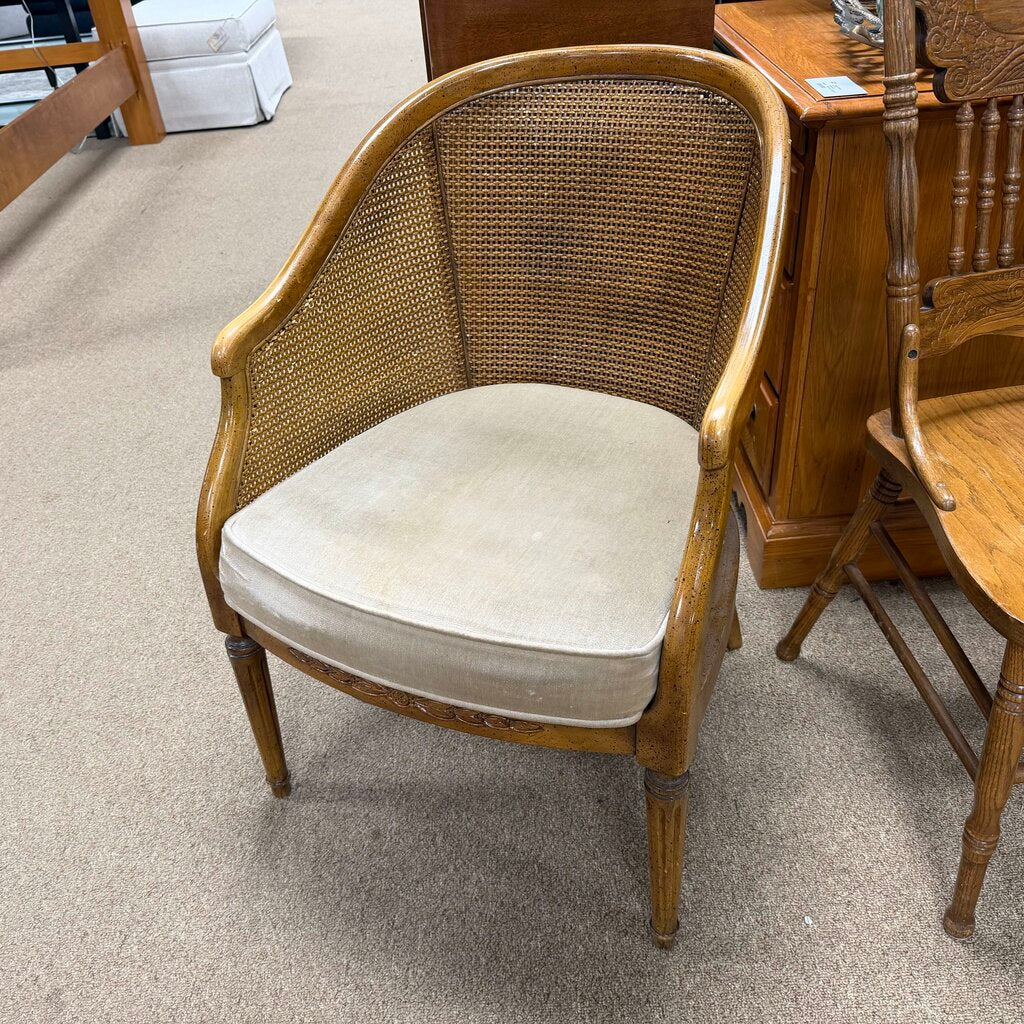 Vintage Walnut Caned Barrel Chair
