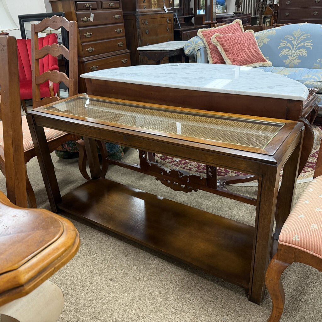 2-Tier Glass Top Console Table w/Caning