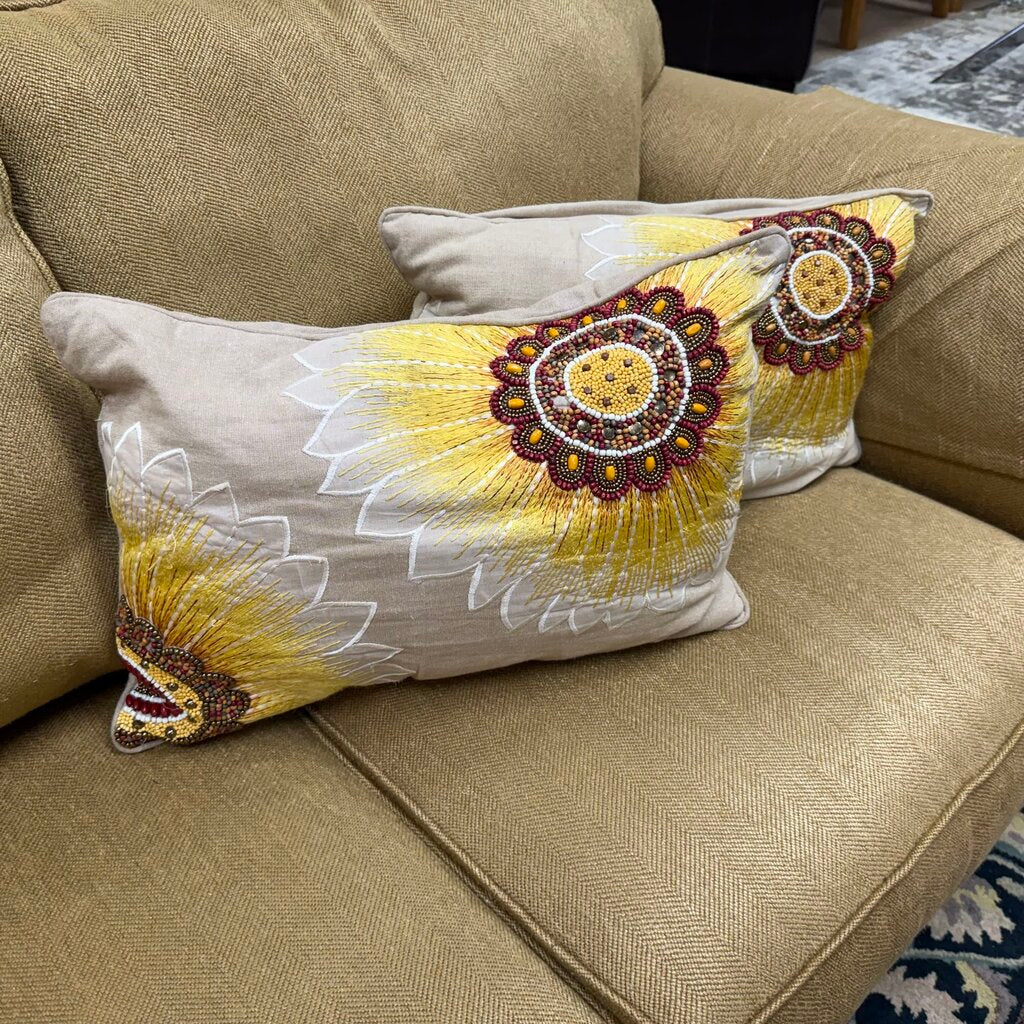 Pair Beaded Sunflower Lumbar Pillows