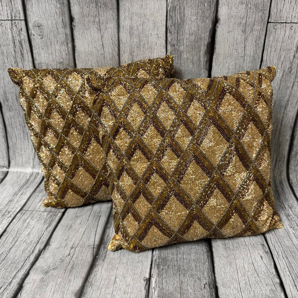 Pair Gold Beaded Decorative Silk Pillows