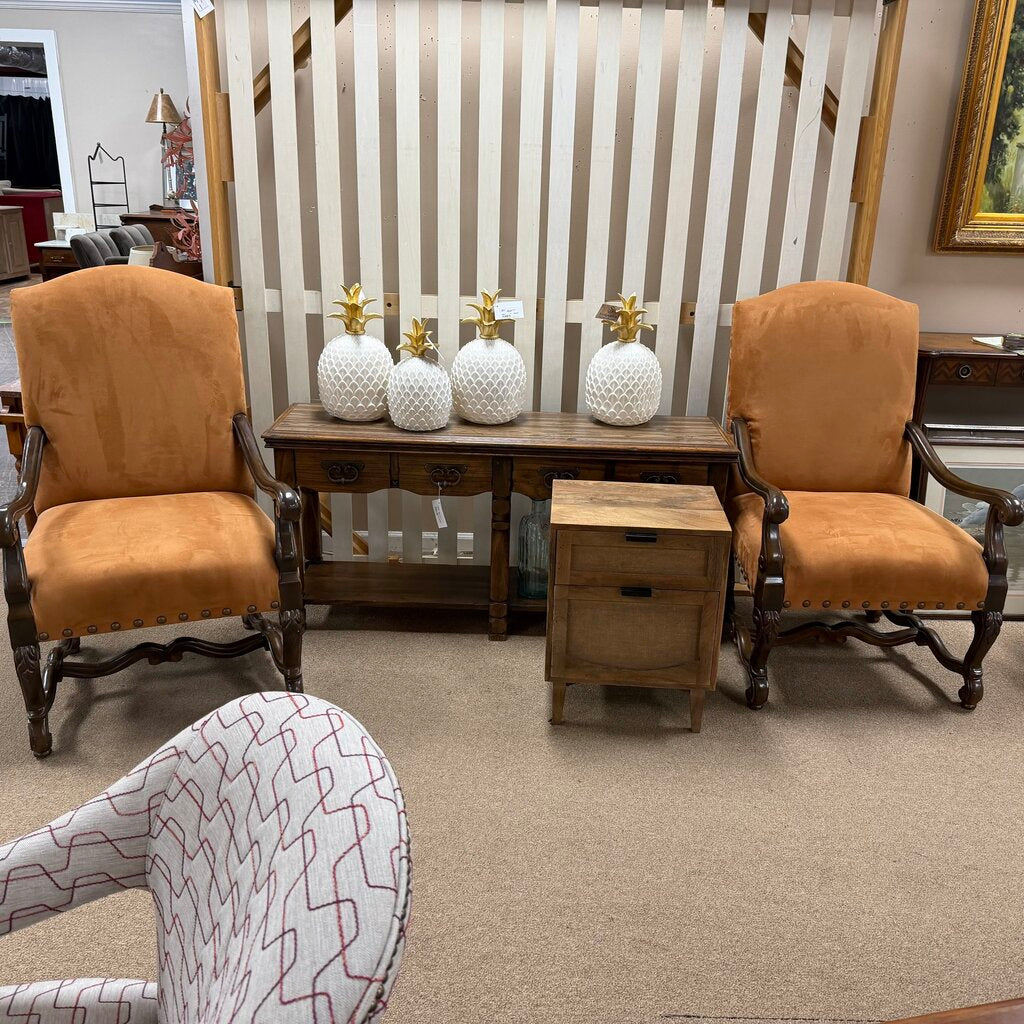 Pair Suede Upholstered Arm Chairs