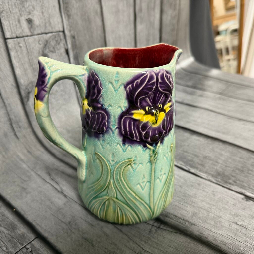 French Art Nouveau Iris Majolica Pitcher c1900-1920