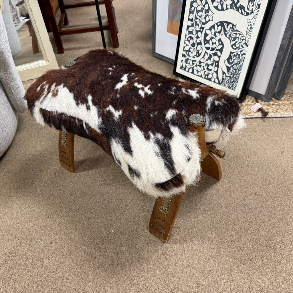 Vintage Moroccan Cowhide Upholstered Camel Saddle Stool