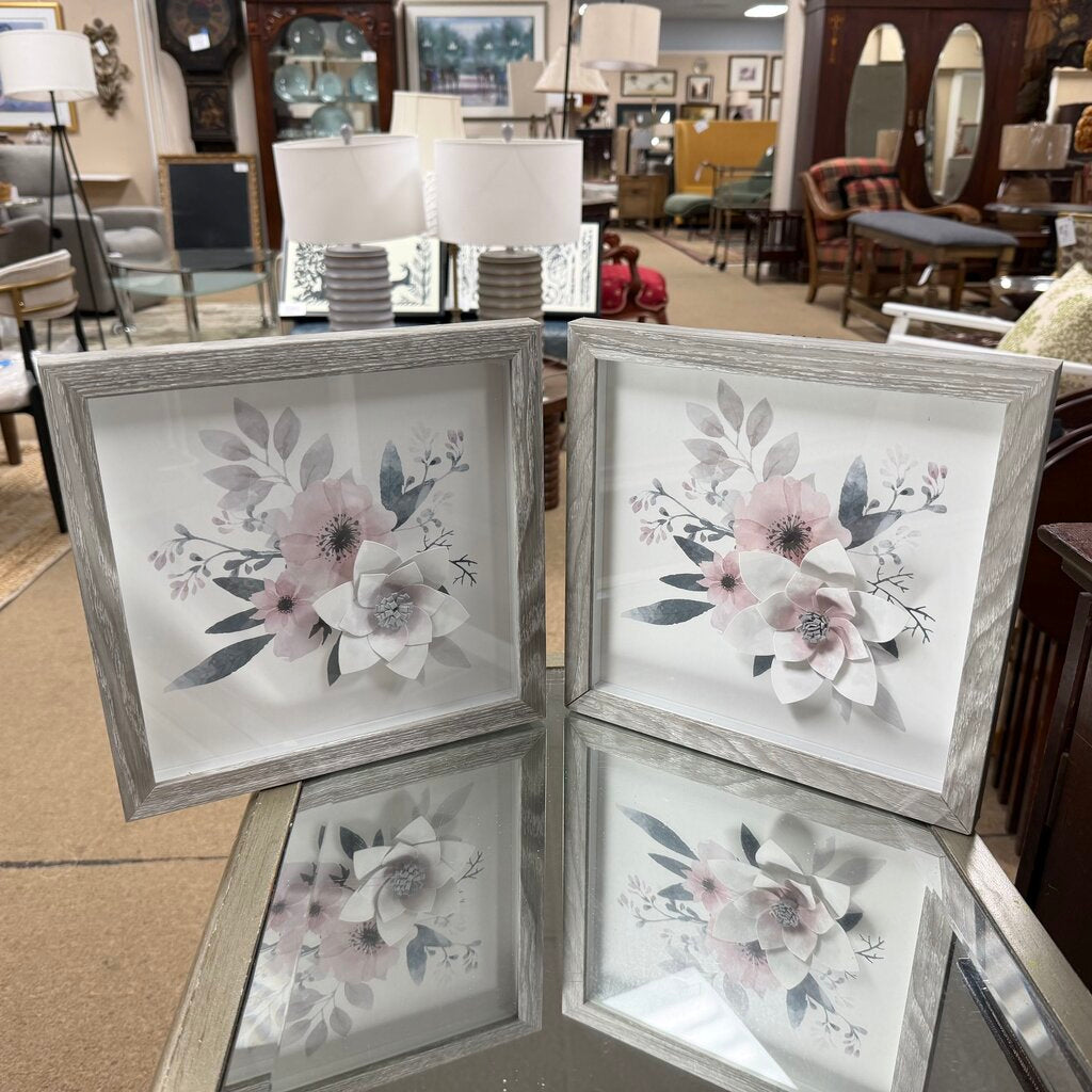 Pair Framed 3-D Floral Decor