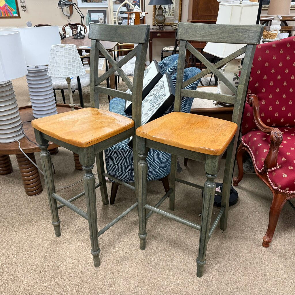 Pair Two Tone Wood Bar Stools