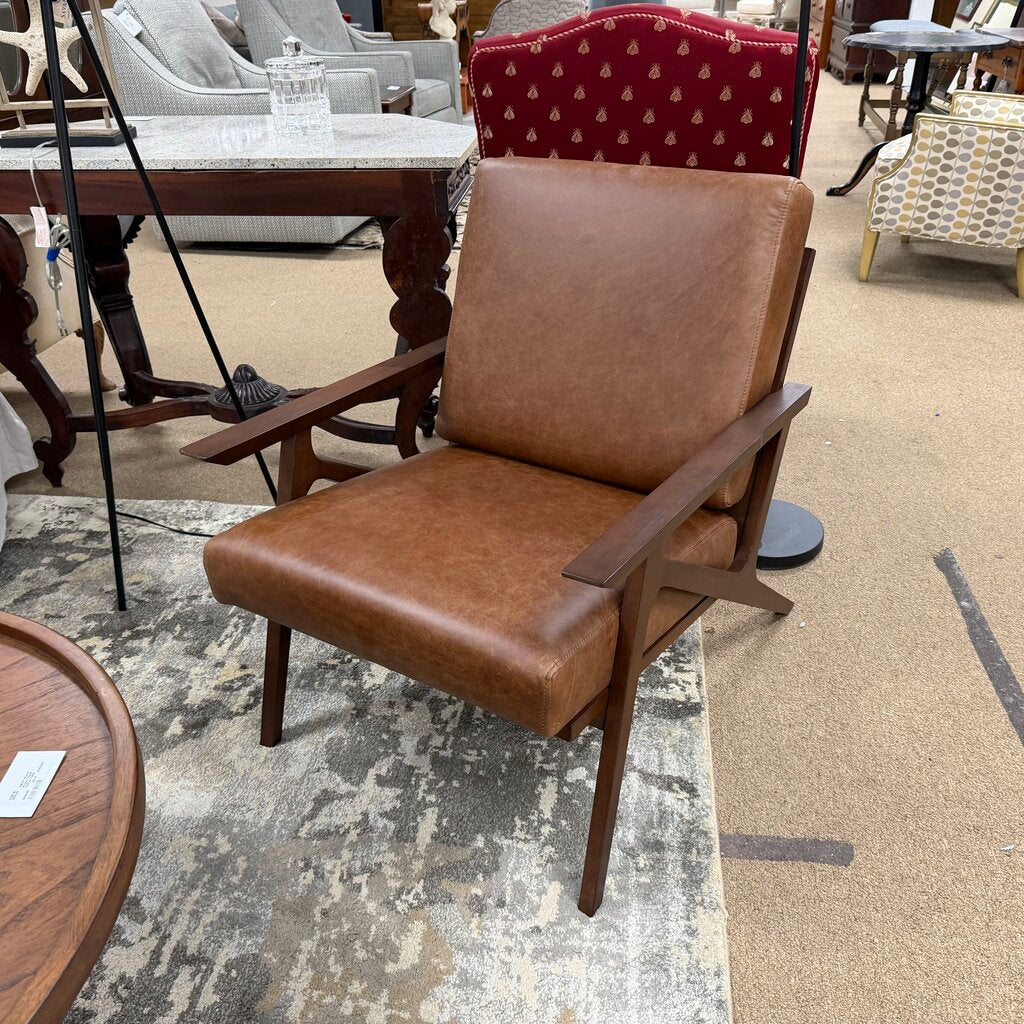 Mid Century Style Wood + Leather Lounge Chair