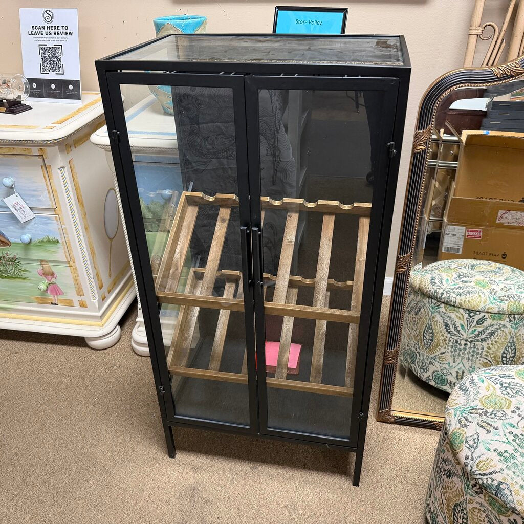 Contemporary Wood, Metal + Glass Standing Wine Cabinet
