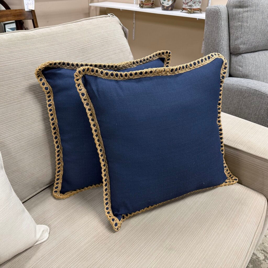 Pair Navy Pillows w/Jute Trim